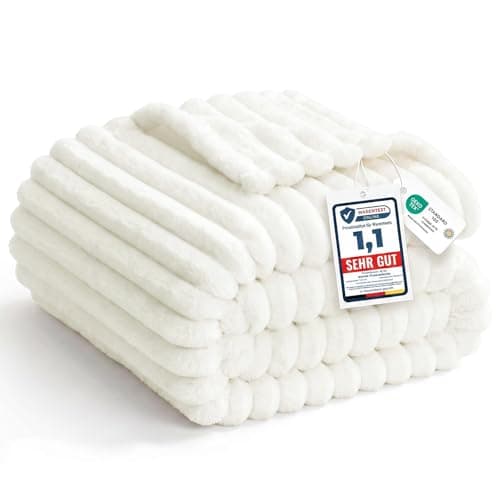 Image of WAVVE Blanket Fleece Throw - Double/Twin Size Fluffy Soft Cream Warm Striped Blankets for Sofa, Bed, Couch, Cute Fuzzy Decorative Bed Blanket for Women and Girls, Off White, 150x200cm