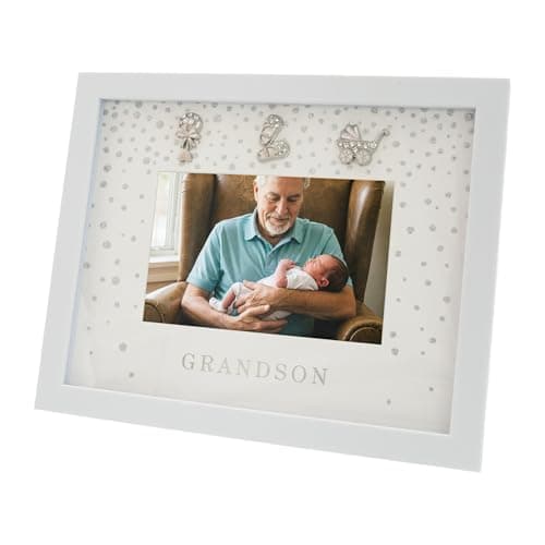 Image of Happy Homewares Modern Grandson 4x6 Landscape White Picture Frame with Silver Foil Falling Dots and Letters | For Wall Hanging or Table Mounted
