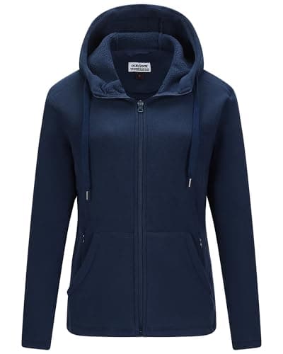 Image of Outdoor Ventures Womens Fleece Jackets with Hood Ladies Warm Full Zip Coat With 6 Large Pockets Long Sleeve Casual Sweater Soft Outerwear Jacket for Hiking Walking Travelling Sport Dark Blue M