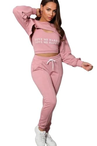 Image of Divadames® Women's Crop Hood Loungewear Set Ladies Tracksuit Hooded Set Relaxed wear Sizes UK 8-12 (UK, Numeric, 10, Regular, Regular, Pink)
