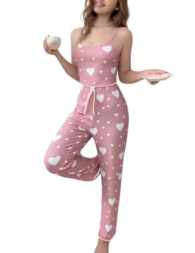 Image of Gatamiau Women’s 2 Pieces Heart Print Pajama Set Sleeveless Cami Top + High Waist Pants, Comfortable Trousers Pjs Set Soft Loungewear Cute Sleepwear Set (UK, Alpha, S, Regular, Regular, Pink+White)