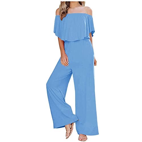 Image of Jumpsuit for Women UK, Elegant Cold Shoulder Playsuits All in One Ruffle Romper Wide Leg Pants Ladies Sexy Strapless Baggy Summer Loose Jumpsuit Casual Office Evening Party Overalls Pants Playsuits