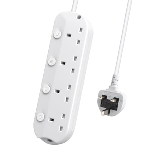 Image of EXTRASTAR Extension Lead with Individual Switch, 4 Way 1M Extension Cable, Wall Mounted Multi Socket Plug Power Strip White