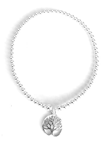 Image of Sterling Silver 925 Beaded Stretch Tree Of Life Charm Bracelet