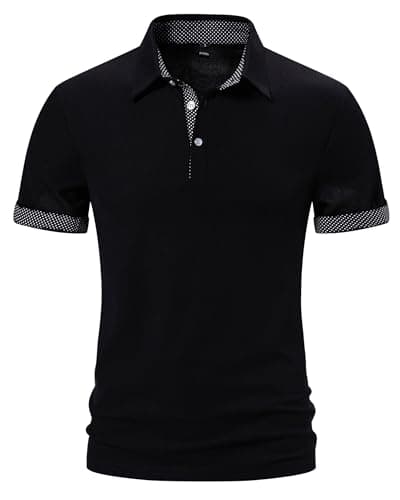 Image of MakingDa Mens Polo Shirts Short Sleeve Slim Fit Summer Casual Smart Collared T Shirt Work Golf Poloshirts Tops Contrast Color Patchwork Polos-029-Black-XXL
