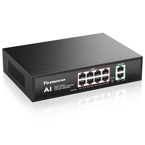 Image of Tenveo 8-Port Full Gigabit PoE Switch, 8 PoE+ Ports @120W, 2 Uplink Ports, Plug & Play, VLAN Support, 802.3af/at 120W Power over Ethernet, AI Smart Network Switch for Live Streaming