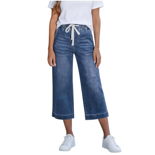 Image of Petite Jeans for Women UK Baggy Wide Leg Cropped Trousers Drawstring Elastic High Waisted Pull On Jeans Trendy Stretchy Denim Capris Summer 3/4 Length Tummy Control Joggers with 4 Pockets