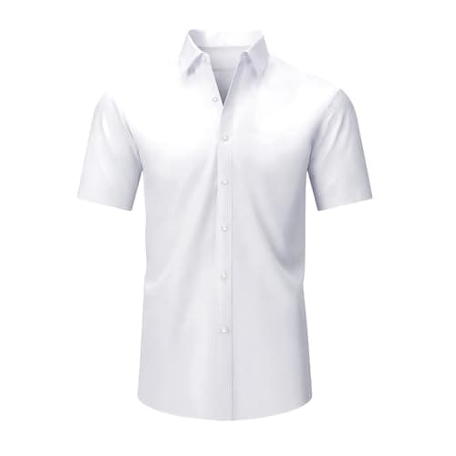 Image of Okdance Mens Short Sleeve Button Down Shirt Classic Fit Smart Casual Work Shirt Lightweight Formal Office Shirt for Summer (UK, Alpha, L, Regular, Regular, White)