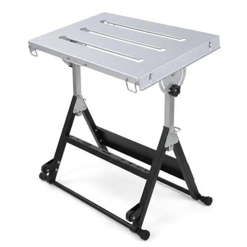 Image of Folding Welding Table, Steel Portable Workbench Table with Heavy Duty Steel Plate, 3 Tilt Angles & 180kg Load Capacity, Adjustable Height Workbench for Garage, Workshop & DIY Projects