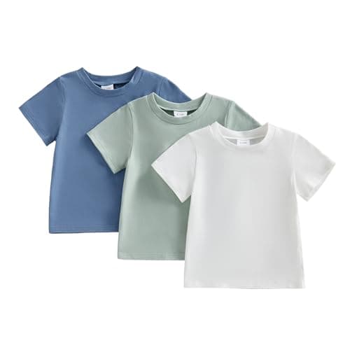 Image of Himllauen Kid Boy Girl Summer Solid Color T-Shirt Baby Toddler Short Sleeve Round Neck Loose Fit Tops 3 Pcs Casual Outfits Streetwear (Blue Green White, 6-12 Months)
