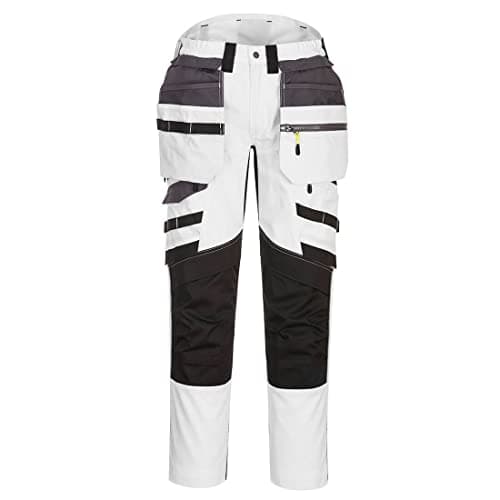 Image of Portwest DX4 DX440 Mens Work Trousers Detachable Holster Pocket Cargo Stretch Fabric Kneepad Pocket Triple Stitched Reflective Workwear Construction Builders Tradesman, White/Grey, 33