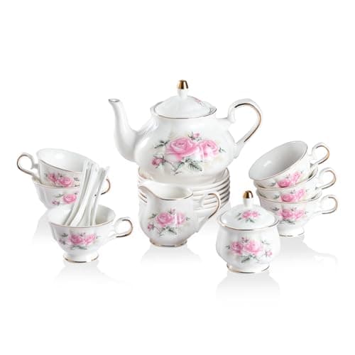 Image of Sweejar Porcelain Tea Set, Vintage British Floral Relief Gold Rimmed Teapot Cup and Saucer Set, Tea Set Service for 6, with Teapot, Sugar Bowl, Milk Jug, Spoons, Tea Cup and Saucer (Pink Flower)