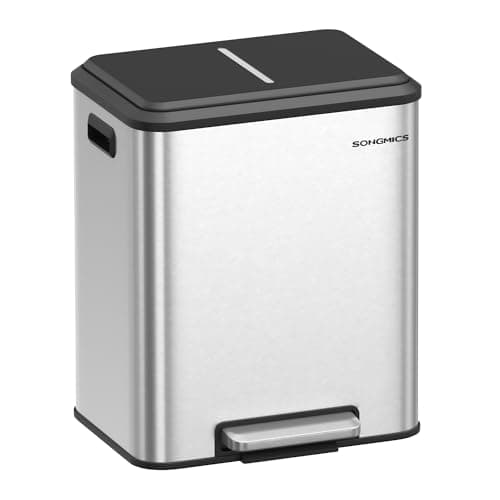 Image of SONGMICS 2 x 15L Kitchen Waste Bin Double Rubbish Bin for Recycling and Household Waste, Interior Buckets, Stainless Steel, Soft Close, Pedal, Metallic Silver LTB544E01