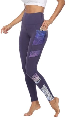Image of JOYSPELS Women's High Waisted Gym Leggings - Workout Running Sports Printed Leggings Yoga Pants Womens with Pockets - Purple - L