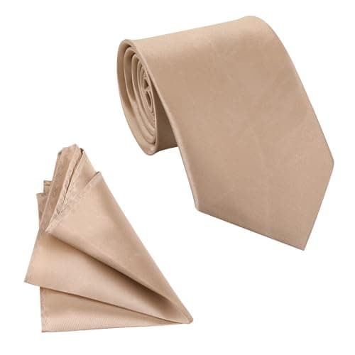 Image of Trimming Shop Solid Satin Neck Tie and Pocket Square Set for Men 149 x 8cm Classic Tie with Handkerchief Business Plain Necktie Handkerchief Set for Wedding, Birthday Party, Formal & Casual - Beige