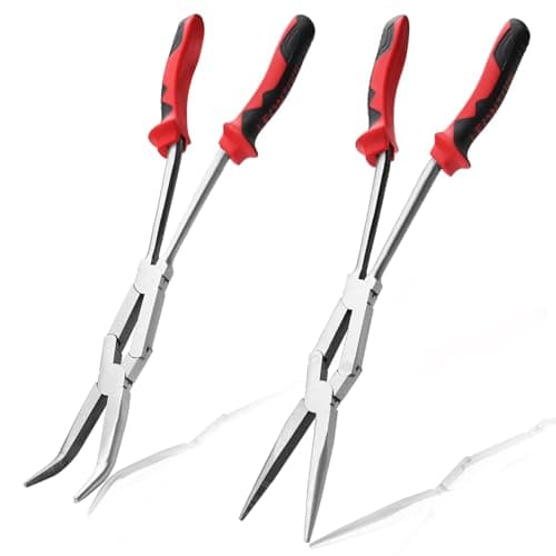 Image of LEONTOOL Straight and 45-Degree Bent Needle Nose Pliers Set 2Pcs Double Jointed Needle Nose Pliers Set Extra Long Needle Nose Plier with Serrated Jaw Long Reach Pliers for Hard to Reach Narrow Spaces