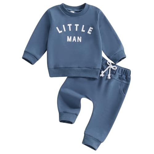 Image of Geagodelia Toddlers Baby Boy Letter Print Shirt Long Sleeve Outfit Clothes Pullover Top Jumper Sweatshirt Pocket Pants Set (Blue, 18-24 Months)