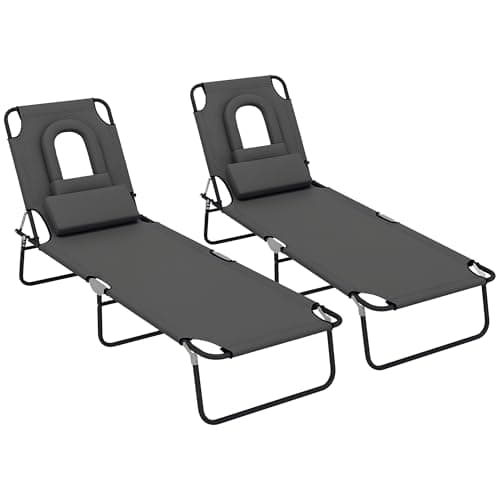 Image of Outsunny Folding Sun Loungers Set of 2 with Face Hole, 4-Position Adjustable Backrest Garden Recliner Chairs Sunbeds, Outdoor Lounge Chairs with 600 D Oxford Cloth Seat, Pillow for Beach, Dark Grey