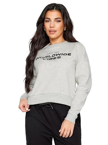 Image of PixieGirl Petite Light Grey 'Worldwide Vibes' Slogan Cropped Sweatshirt Petite