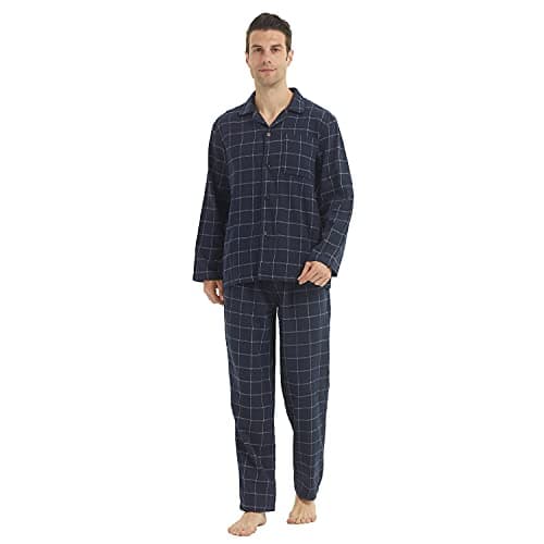 Image of LANBAOSI Men's Pajama Sets Long Sleeve Checked Lounge Wear Set Flannel Pyjamas Plaid Top and Bottoms 2 Piece Winter Cotton Nightwear Navy Blue