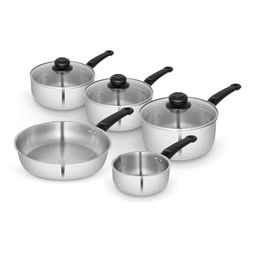 Image of Swan Townhouse 5 Piece Stainless Steel Cookware Set with 16/18/20cm saucepans with Glass Lids, 14cm Milk Pan, 24cm Frying Pan, Suitable for All Hob Types