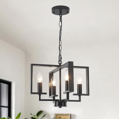 Image of QAREHL Modern Black Chandelier, Industrial Chandeliers Ceiling Light Height Adjustable Metal Pendant Light Fitting, Dining Room Lights Ceiling for Kitchen Living Room Bedroom Hallway, 4 * E14 Socket