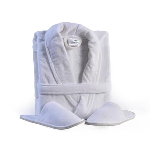 Image of 100% Egyptian Cotton Terry Velour Bathrobe & Slippers Set - Luxury Hotel & Spa Unisex Dressing Gown Extra Soft for Men & Women Bath Robes (UK, Alpha, One Size, Regular, Regular, L-XL, White)