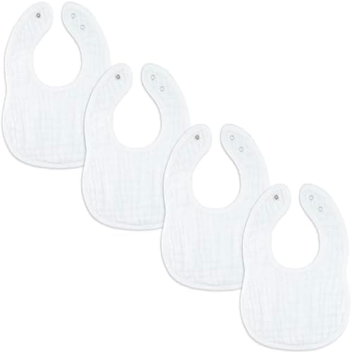 Image of Comfy Cubs Muslin Baby Bibs Pack of 4 - Adjustable Drool Bibs with Easy Snap Closures - Soft and Highly Absorbent for Teething and Drooling - Unisex Design for Boys and Girls - White