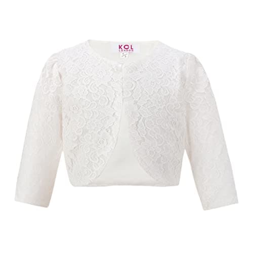 Image of Gum & Berries Girls Long Sleeve Floral Lace Bolero Kids Shrug Cover Up Flower Design Special Occasion Smart Cardigan Look Top Ivory 3-4 Years