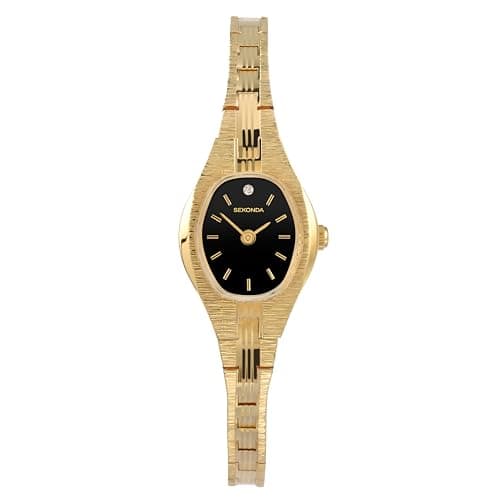 Image of Sekonda Evelyn 22mm Women’s Gold Analogue Classic Quartz Cocktail Watch with Black Stone Set Dial Mineral Glass and Stainless Steel Strap