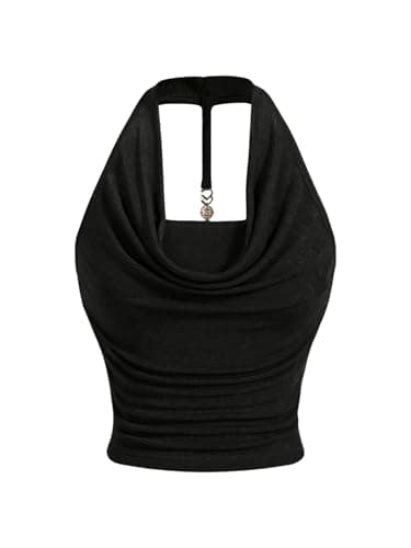 Image of GORGLITTER Women's Cowl Neck Ruched Halter Top Draped Metal Decor Slim Fit Elegant Tops Black X-Large