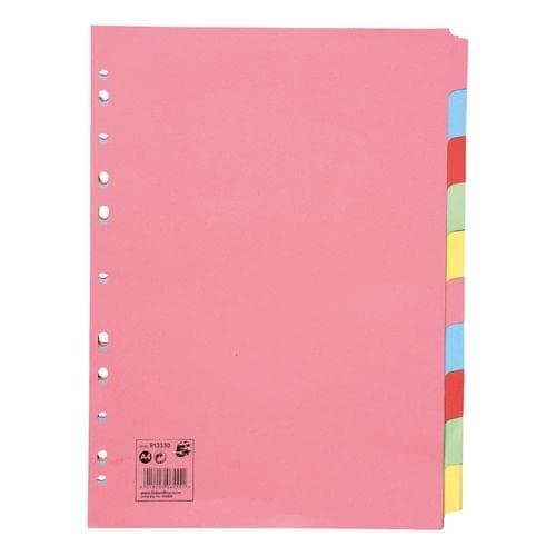 Image of 5 Star Office Subject Dividers 10-Part Recycled Card Multipunched 155gsm A4 Assorted [Pack 25]+ Free finchley Refill Pen