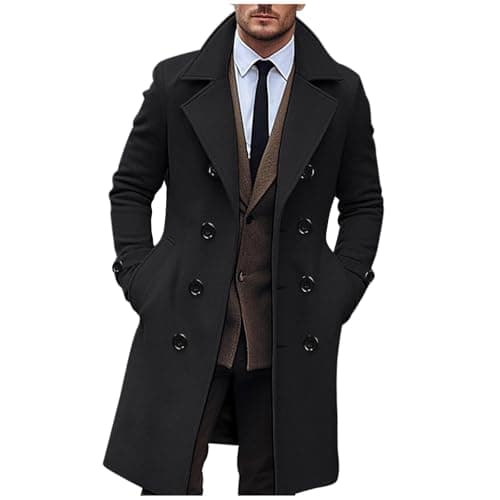 Image of AEGJEGVD Wool Coats for Men UK Clearance,Long Trench Coat Mens Solid Turndown Long Sleeve Classic Business Coat Winter Casual Slim Fit Double Breasted Overcoat Windbreaker Warm Pea Coat S-3XL