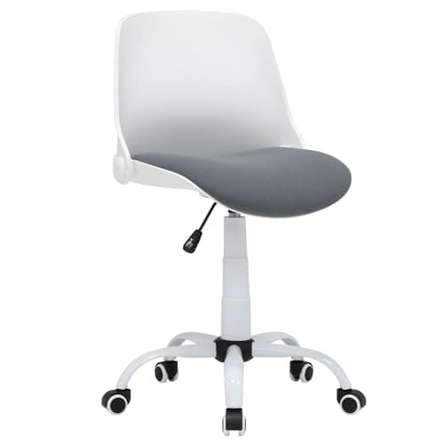 Image of Hydraulic Sewing Chair with Folding Back, Grey padded fabric seat & contoured White plastic back- Metal base with Lift Mechanism, 5 Star, 360°, Swivel,Casters