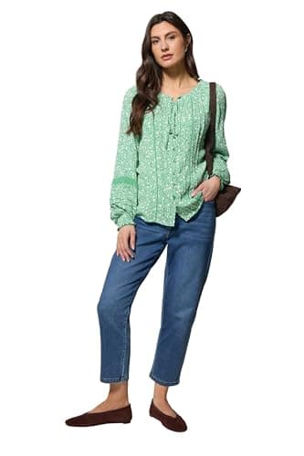 Image of M&Co Floral Trim Detail Tie Neck Blouse - Women's Green