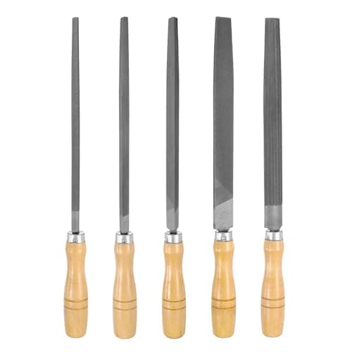 Image of sourcing map 5pcs Metal File Set 200mm Fine Teeth High Carbon Steel Hand Files with Wooden Handle Square/Flat/Triangle/Half-Round/Round for Metal Wood Stone Grinding Polishing Engraving