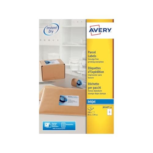 Image of Avery Smudge Free Printable Parcel Labels – Quickdry Shipping Stickers – 99.1 x 139 mm – 4 per Sheet – 100 White Blank Address Labels (J8169-25)