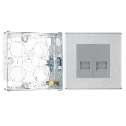 Image of BG Screwless Brushed Steel Double Master Telephone Socket FBSBTM2 with 25mm Steel Back Box