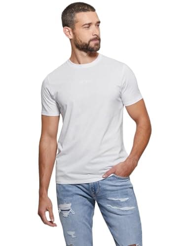Image of GUESS Mens Pima Embroidery Crew Neck Short Sleeve T-Shirt, Pure White, XL