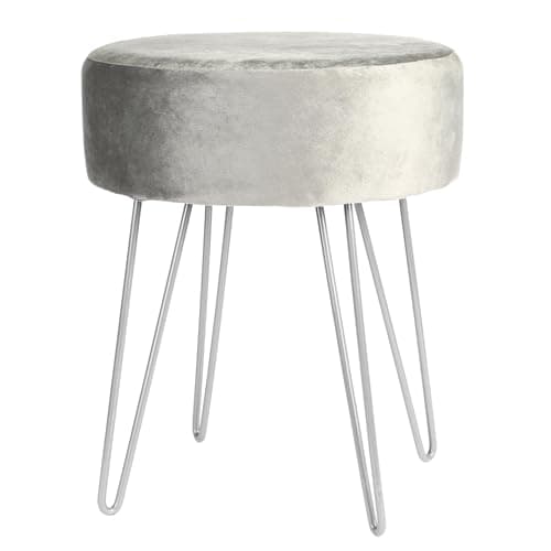 Image of Harbour Housewares Velvet Round Foot Stool - Grey with Silver Legs - Small Modern Dressing Table Pouffe Footstool Vanity Seats Vanity Chairs Footstools for Living Room, Bedroom