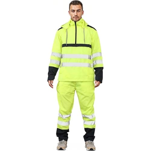Image of GUBA Mens Hi Vis Rain Tracksuit – Work Safety High Visibility Waterproof Hoodie With Hi Viz Trousers Rain Suit 2 Piece Reflective Tape Rainsuit Hooded Top & Trouser Plus Size S-XXL (Yellow, XL)