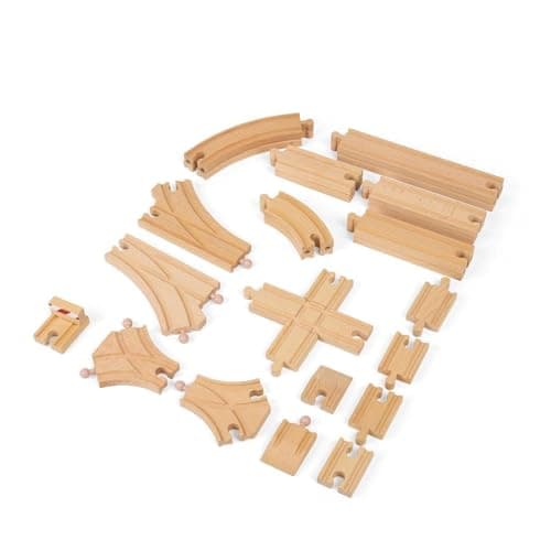 Image of Bigjigs Rail Low Level Train Track Expansion Pack | 25 Wooden Pieces to Add on Starter Railway Set | Toy Trainset Includes Accessories, Connectors for Extension | Educational Gift for Kids ages 3+