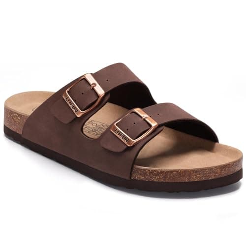 Image of Litfun Women's Cork Footbed Sandal Summer Slip On Slide Sandals with Adjustable Buckle, Brown 39