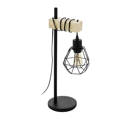 Image of Eglo Table lamp Townshend 5, Wooden Bedside lamp in Industrial Design, Vintage Living Room Lighting, Black Metal and Natural Wood, FSC, E27 Socket