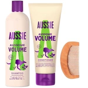 Image of Shampoo n Conditioner Volumising Aussie 2 Pack Bundle with 1x 300ml Volume Shampoo, 1x 200ml Volume Conditioner & 1x CHG Wooden Hair Comb - Lift for Limp Flat Hair