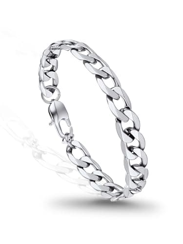 Image of PROSTEEL Mens Bracelet - Stylish Flat Cuban Chain Wrist Link Bracelets Hypoallergenic 316L Stainless Steel Hip Hop Jewellery for Men Boys Silver 23CM Length 9MM Width (with Gift Box)