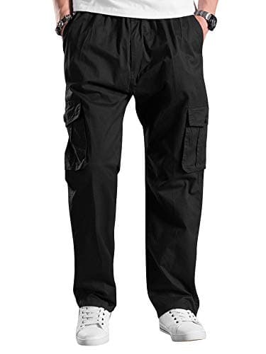 Image of Tianerhay Mens Cargo Work Trousers Lightweight Full Elastic Waist Drawstring Relaxed Fit Casual Pull On Pants with Multi-Pockets 1 Black 36