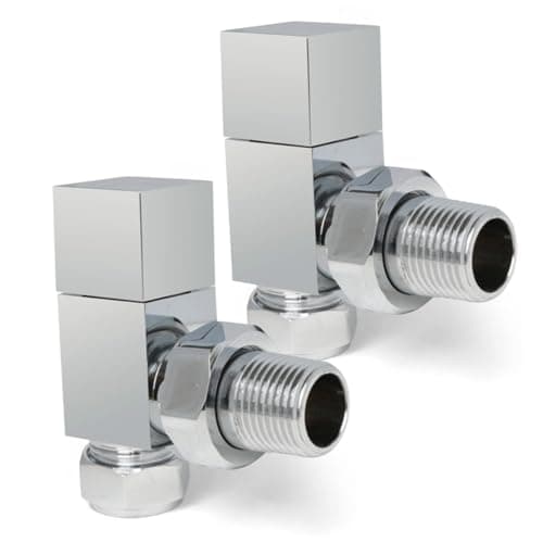 Image of Chrome Angled Radiator Valves Square Modern Radiator Valves Pair of 15mm x 1/2" (Set of 2) for Heated Towel Rails & Central Heating Radiators Chrome Radiator Valve Set