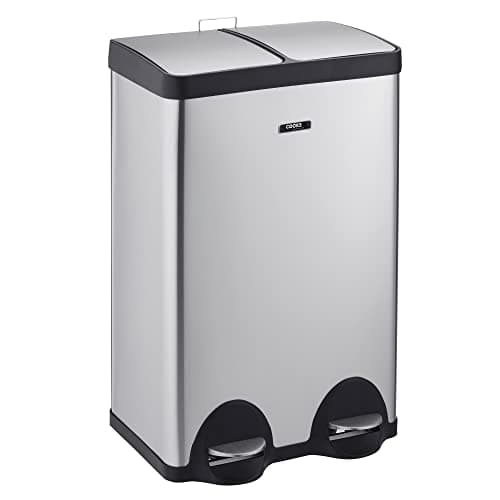 Image of Cooks Professional Dual Pedal Recycle Bin 60L | 2 x 30L Removable Compartments & Soft Close Lids | Twin Double Section Stainless Steel Kitchen or Office Dustbin for Recycling or Waste | Silver