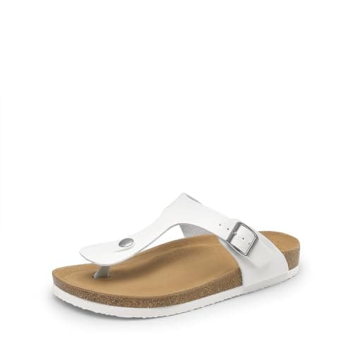 Image of DREAM PAIRS Arch Support Thong Sandals for Women Casual Leather Flip Flops Dressy Slides with Soft Cork Footbed Adjustable Strap for Summer Beach Vacation,Size 8,White,DWUMFF2501